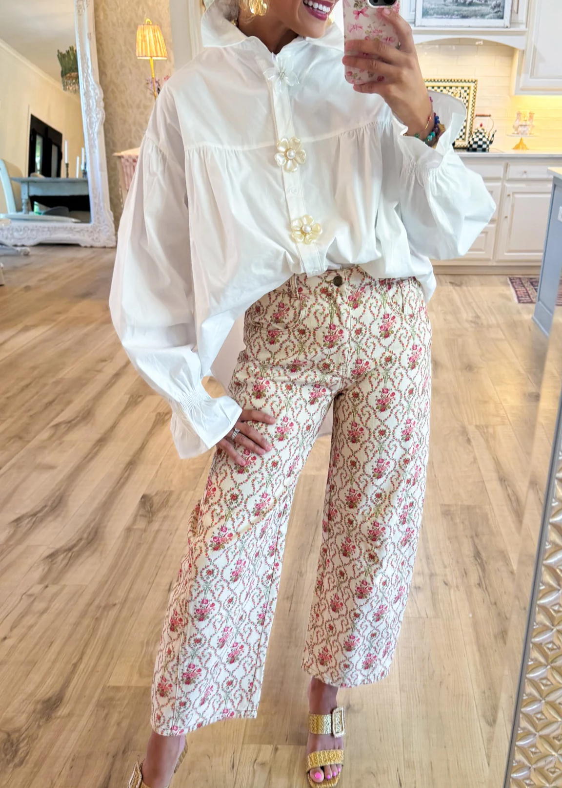 Pink and Orange Floral Printed Barrel Jeans