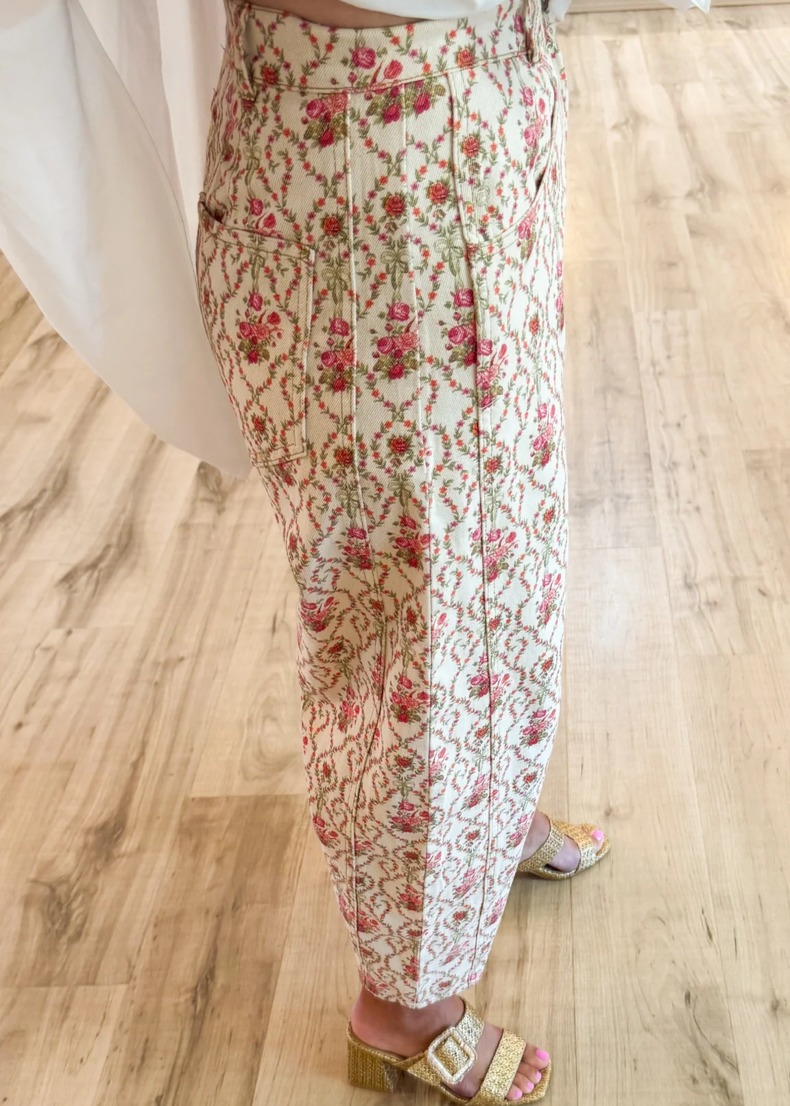 Pink and Orange Floral Printed Barrel Jeans