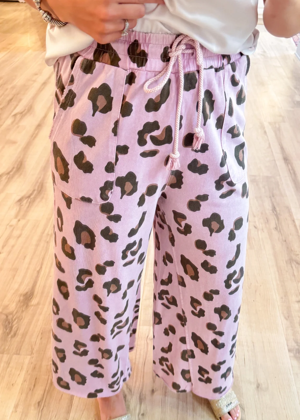Stone Grey Cheetah Print Mineral Washed Wide Leg Pants