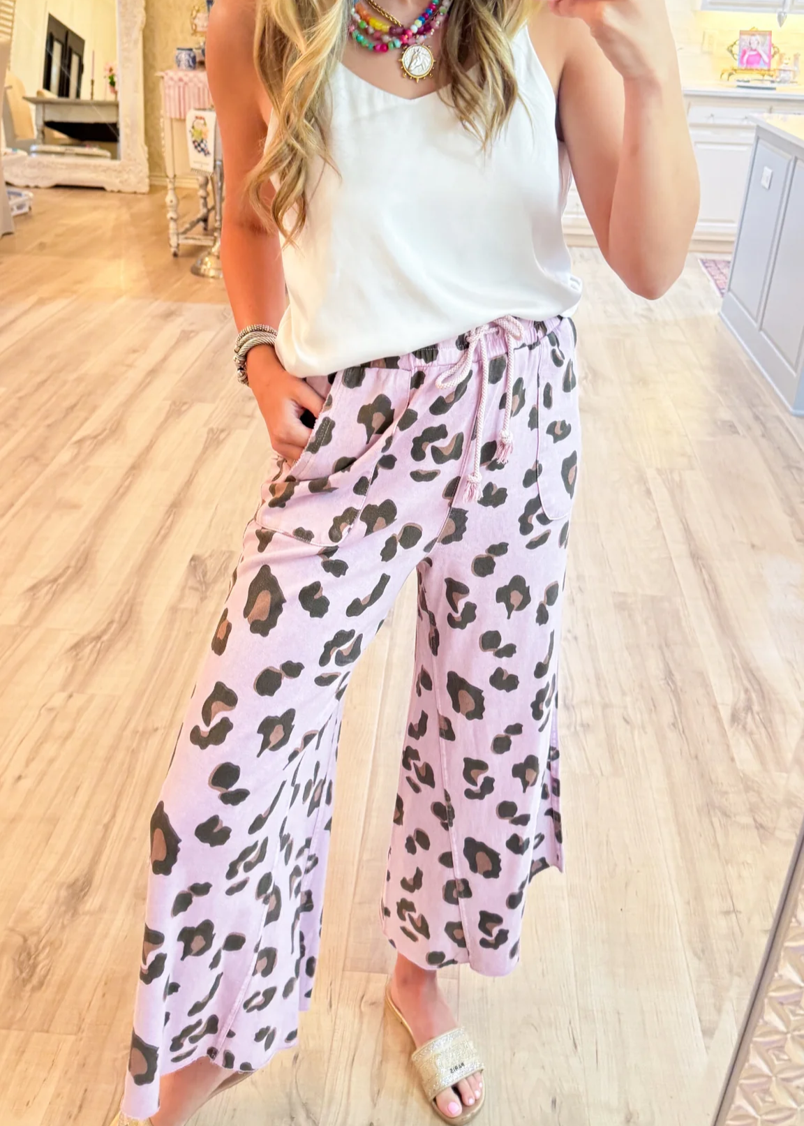 Stone Grey Cheetah Print Mineral Washed Wide Leg Pants