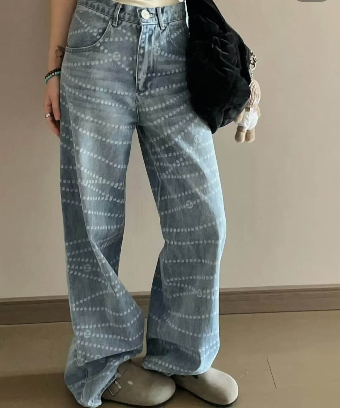 Popular Pearl Print Denim Pants