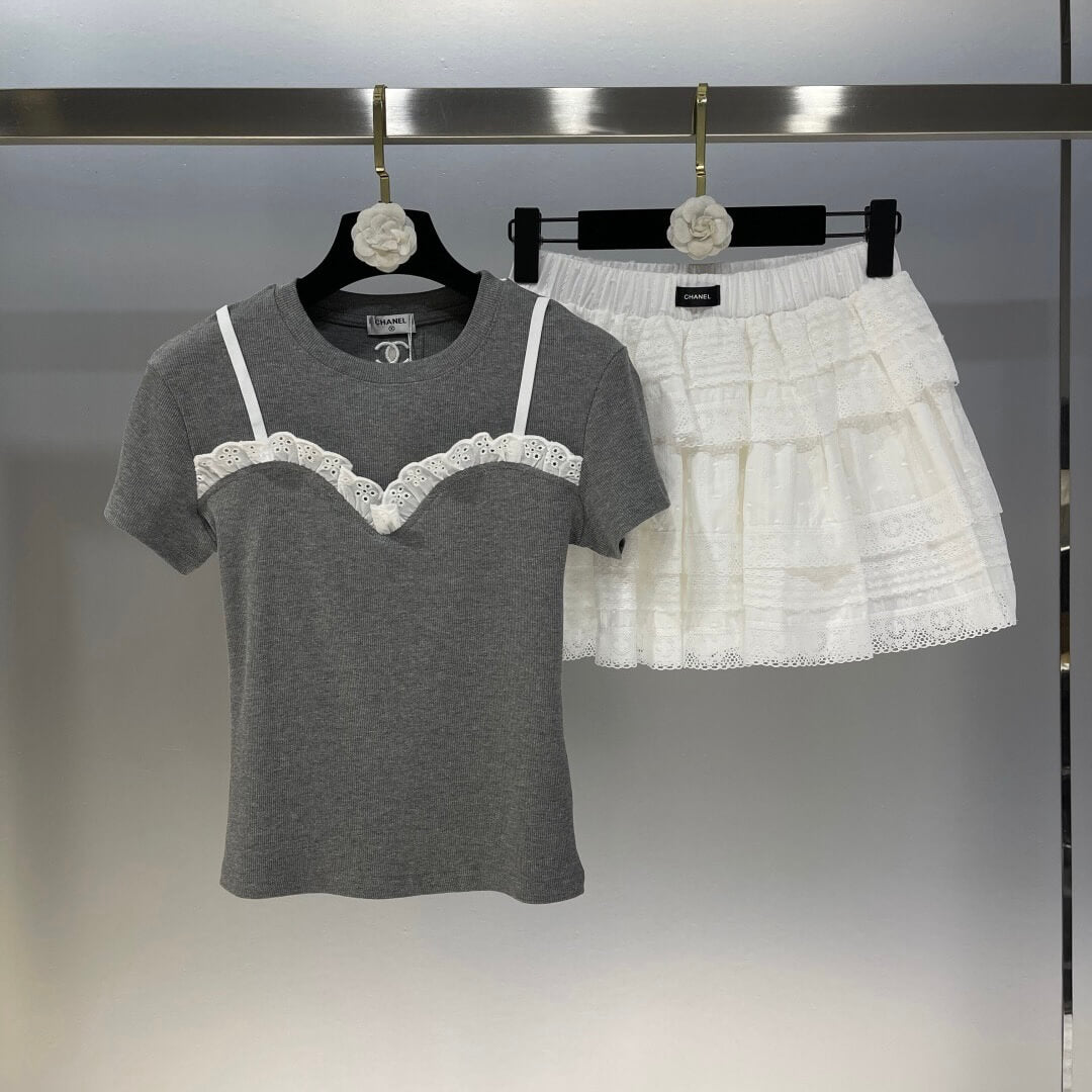 Lace Patchwork Short Sleeve & Skirt Set