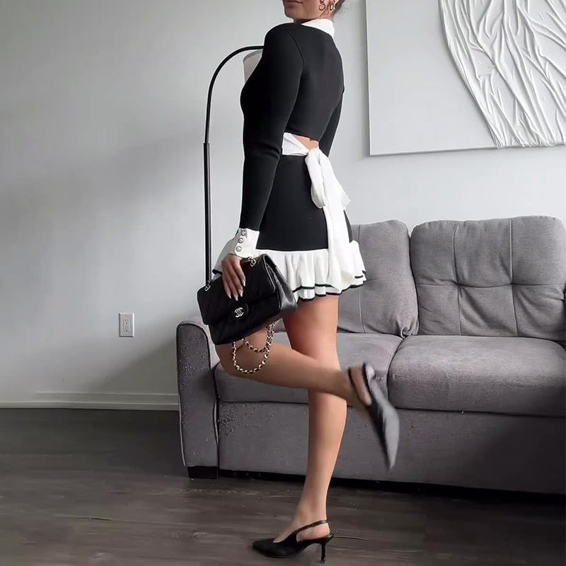 Lapel Long-sleeved Knitted Dress