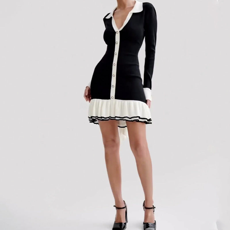 Lapel Long-sleeved Knitted Dress