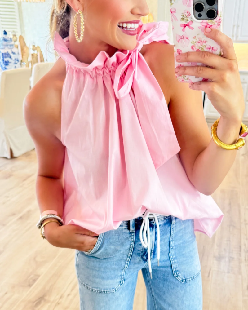 Ruffle Neck Tie Sleeveless Top