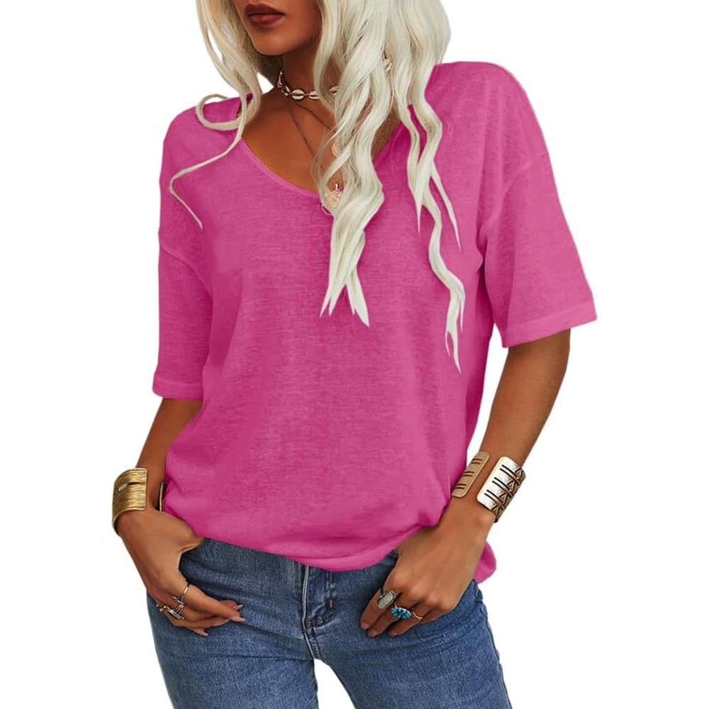 Ladies Solid Color Short Sleeve V-Neck T-Shirt Top
