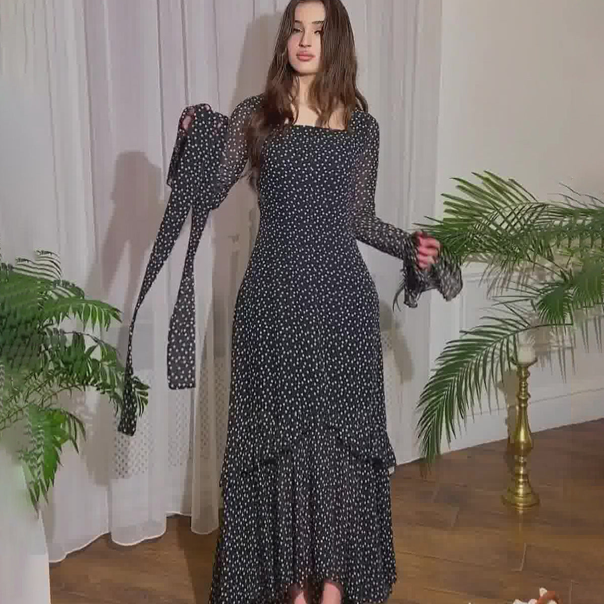 Chiffon Dots Lotus Leaf Sleeve Stitching Irregular Dress