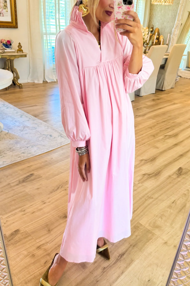 Pink High Ruffle Neck Midi Dress