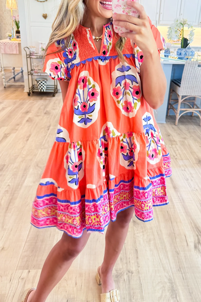 Coral Boho Print Mini Dress