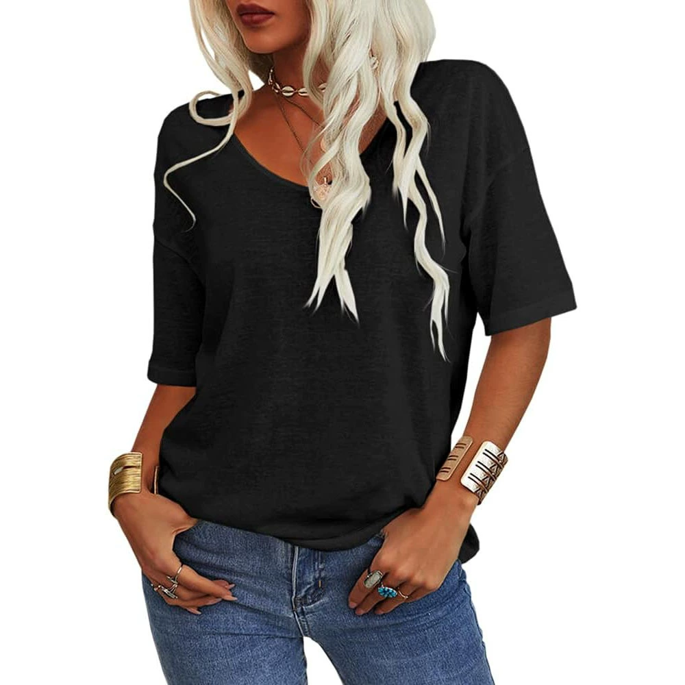 Ladies Solid Color Short Sleeve V-Neck T-Shirt Top