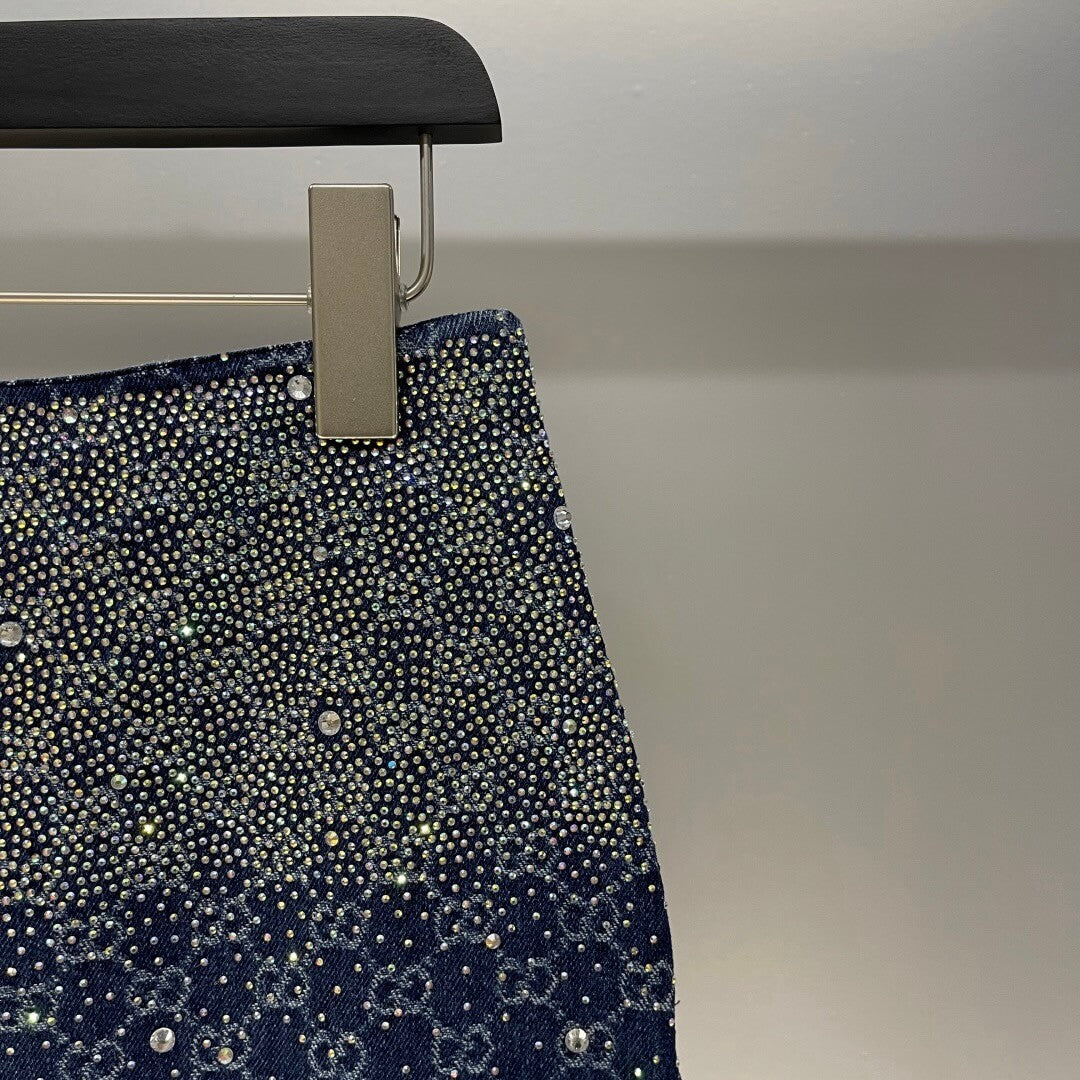 Diamond-Encrusted Denim Pocket T-Shirt & Full-Diamond Denim Skirt Set