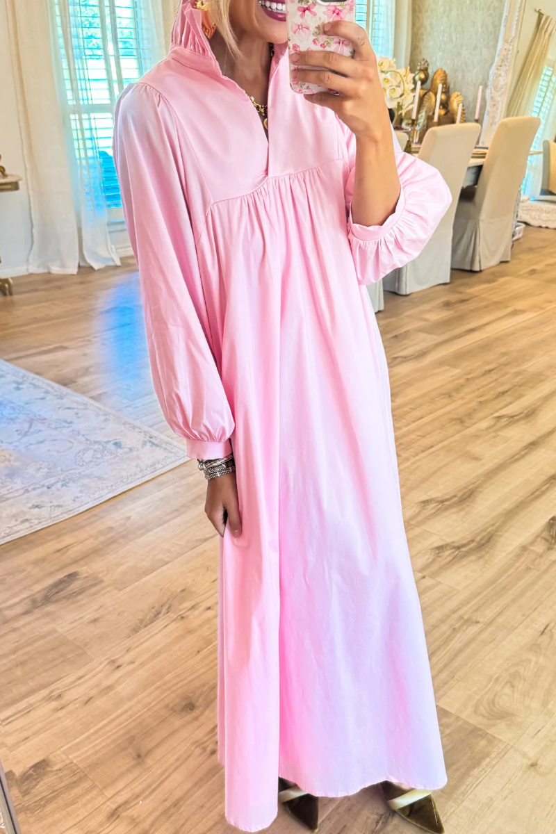 Pink High Ruffle Neck Midi Dress