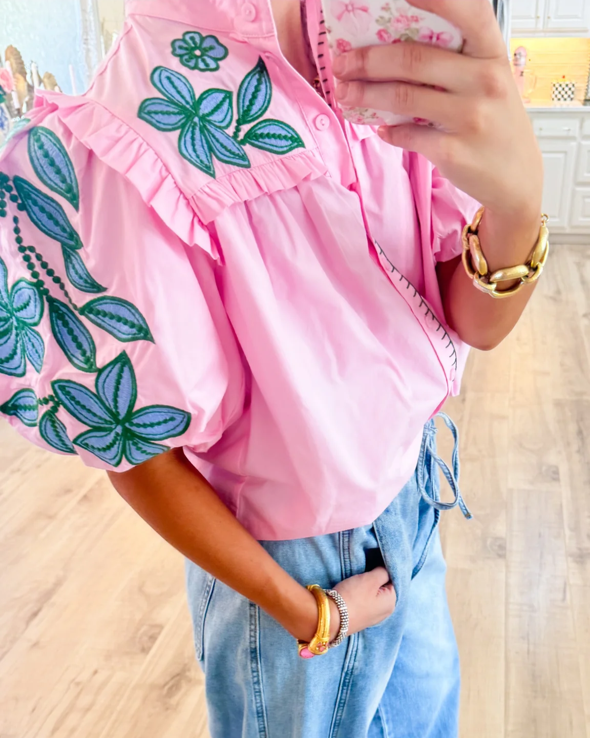 Flower Embroidered Puff Sleeve Top