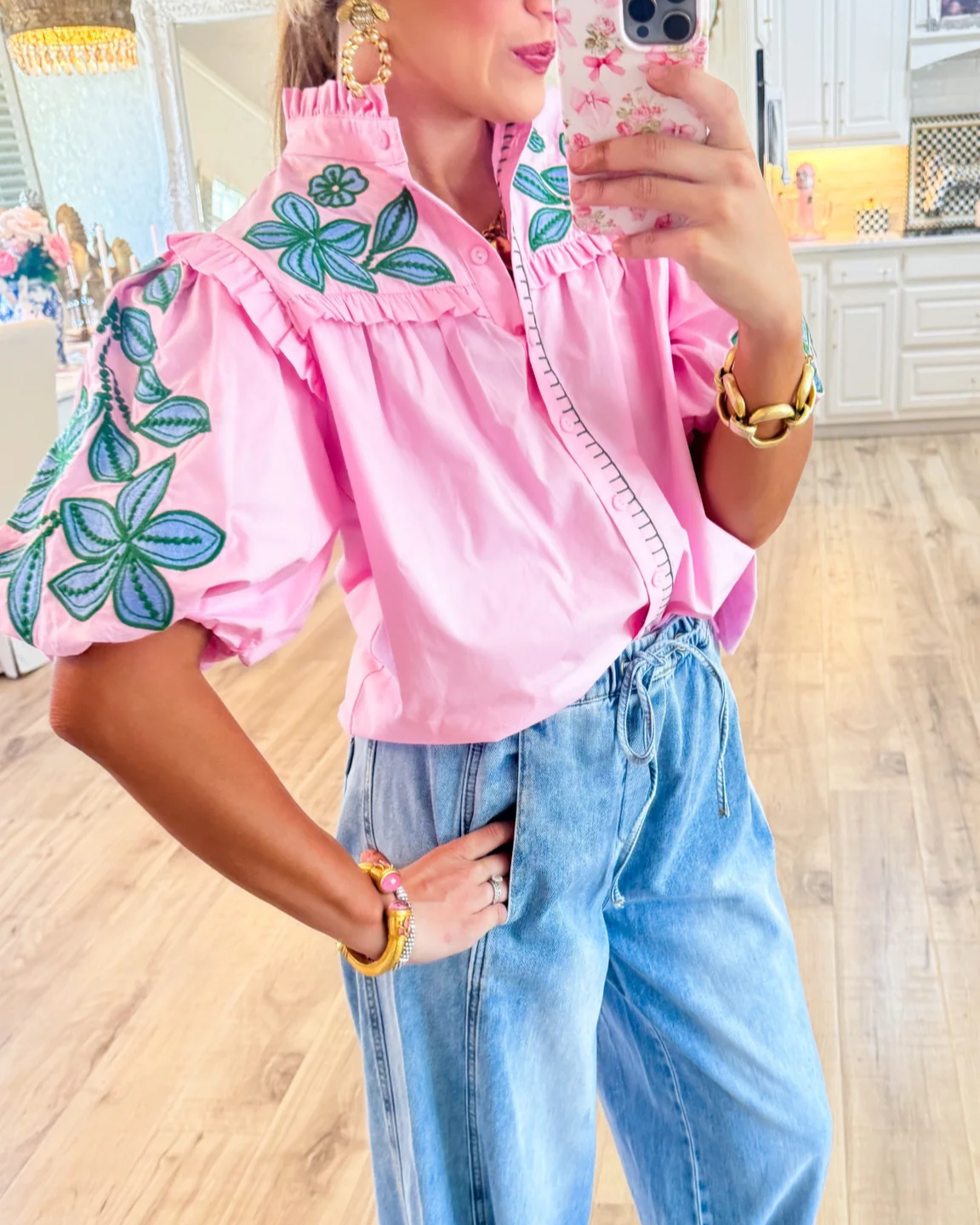 Flower Embroidered Puff Sleeve Top