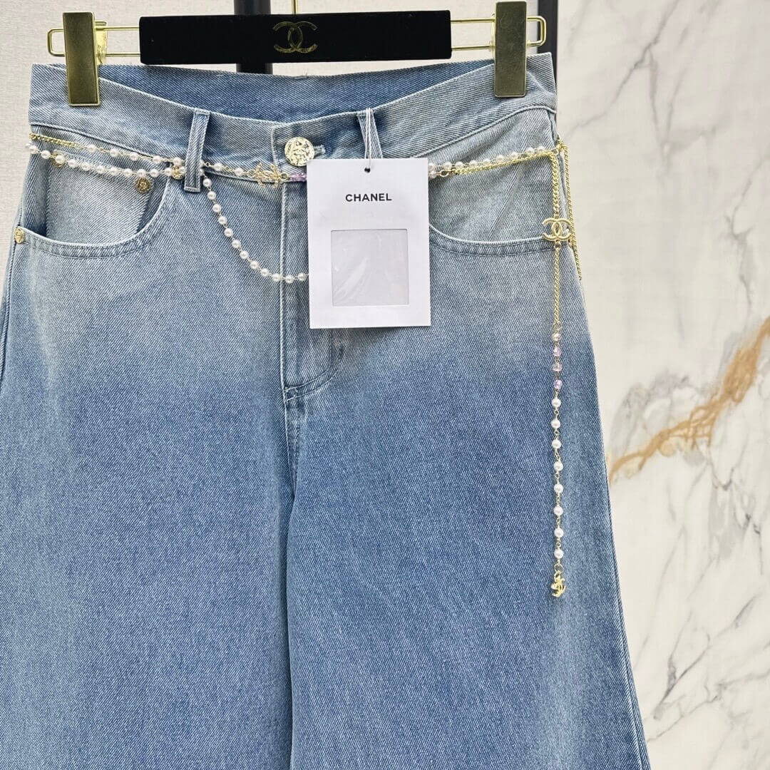 Trendy Metal-Chain Flared Wide-Leg Jeans