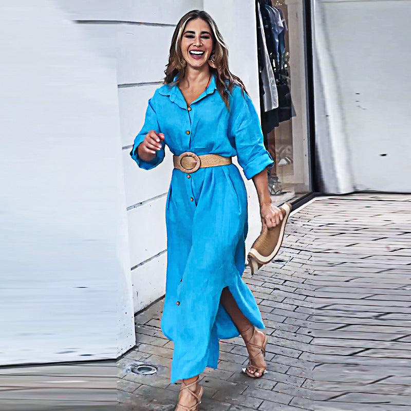 Loose casual solid color long shirt dress women's clothing