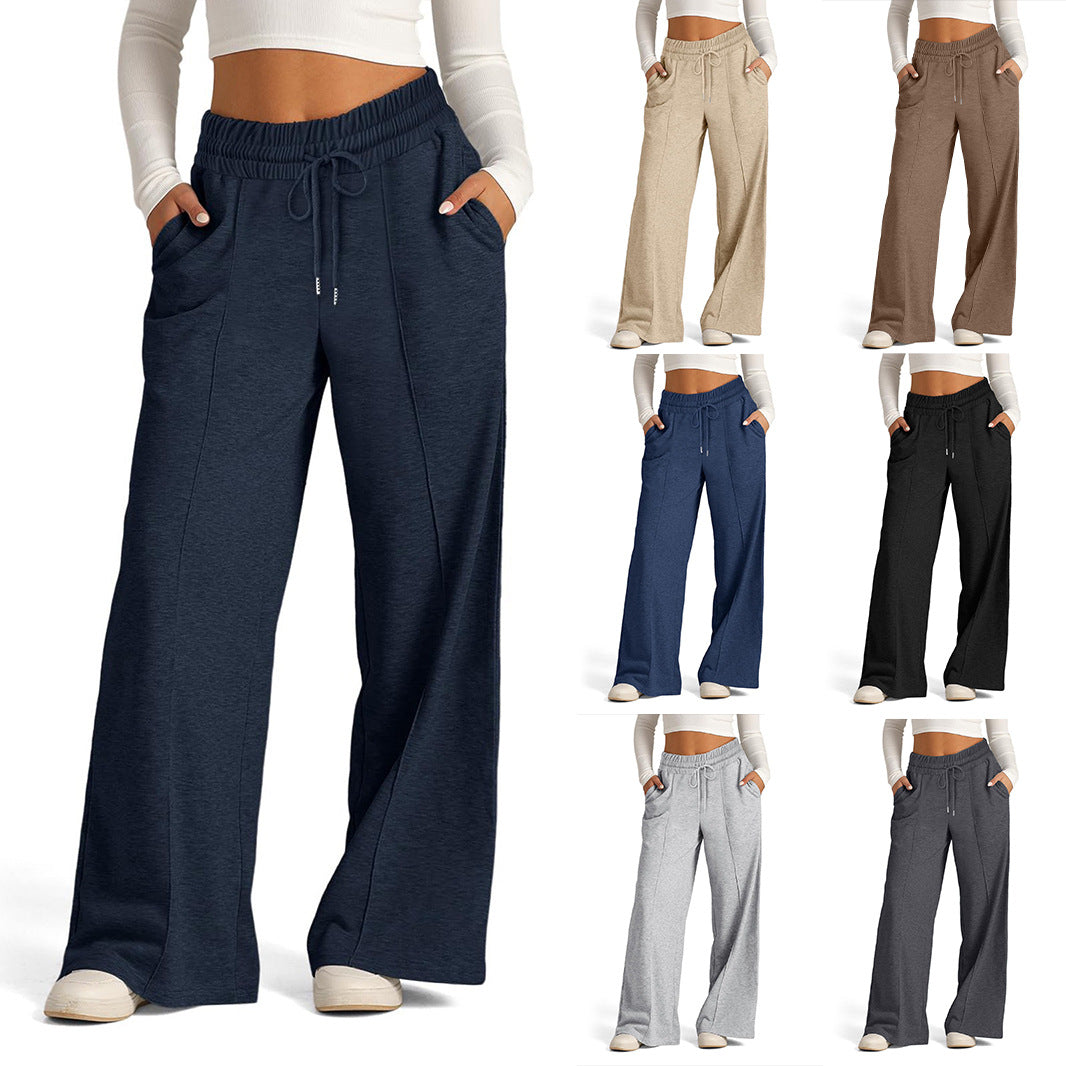 Solid color waist wide-leg trousers