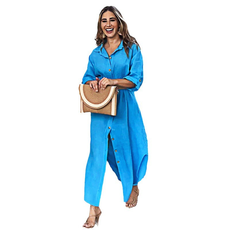Loose casual solid color long shirt dress women's clothing