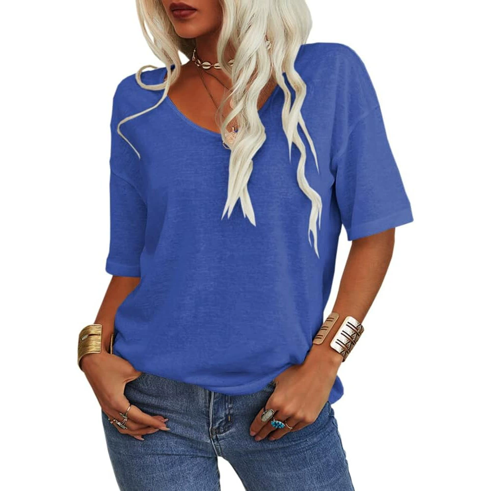 Ladies Solid Color Short Sleeve V-Neck T-Shirt Top