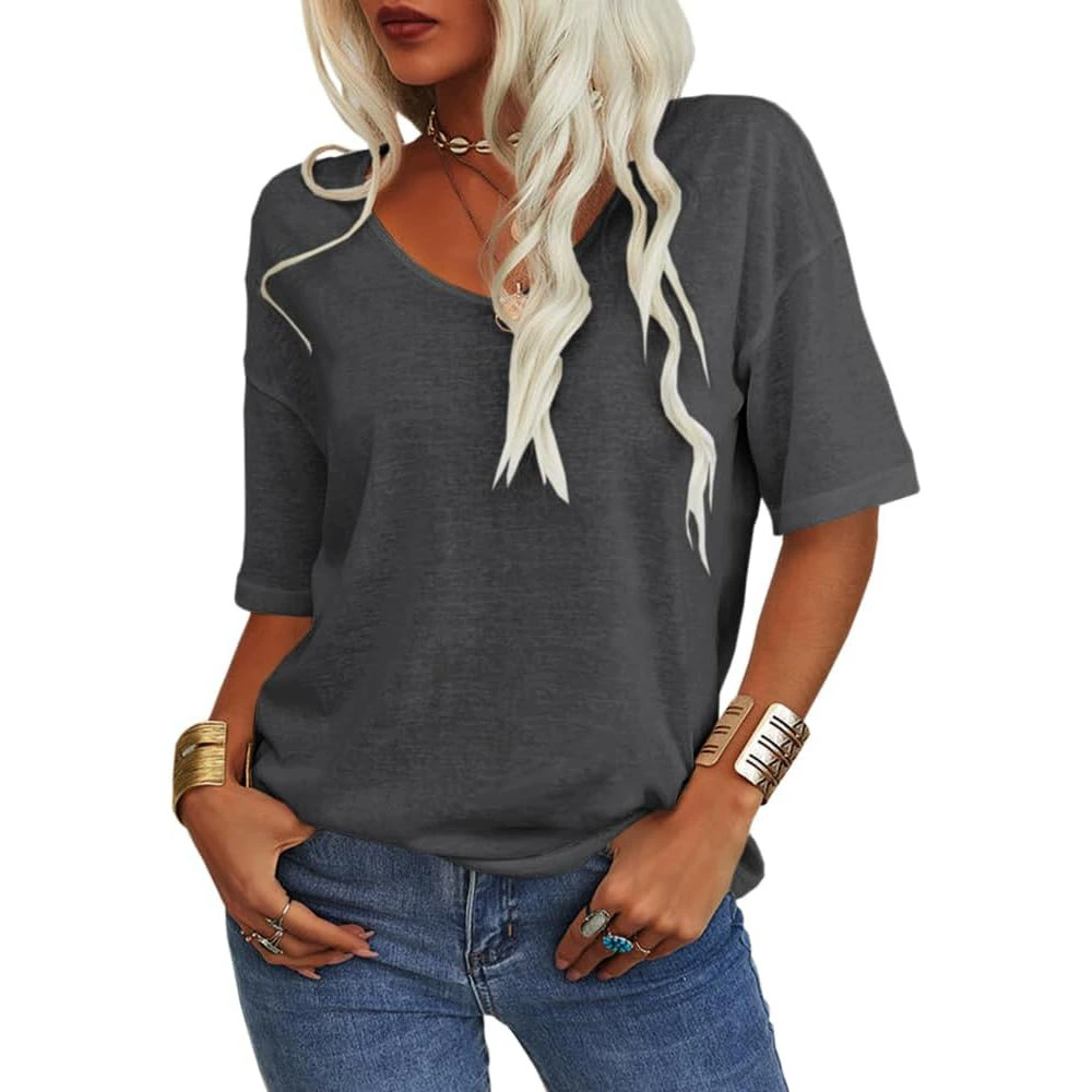 Ladies Solid Color Short Sleeve V-Neck T-Shirt Top