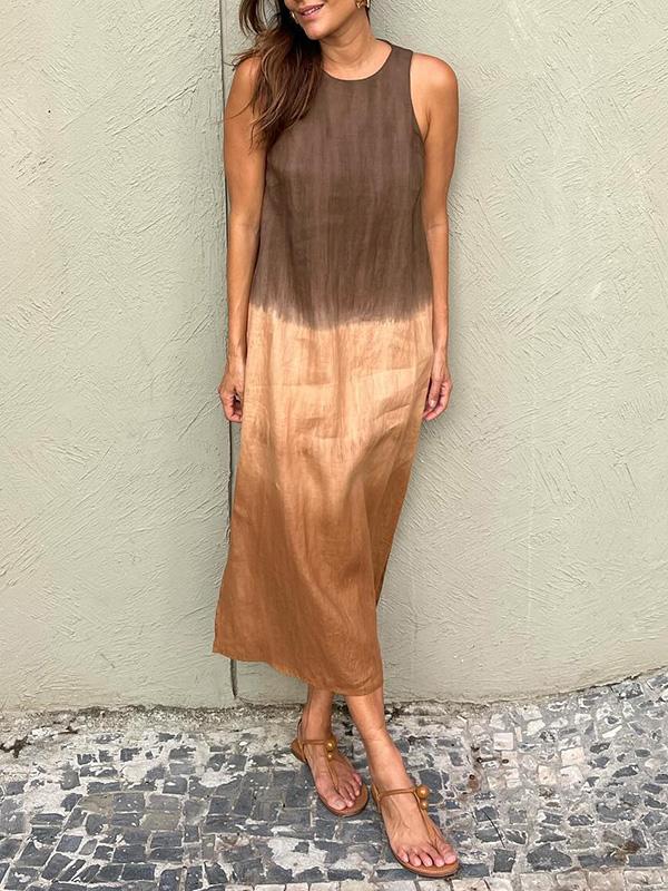 Cotton and linen sleeveless slit long dress