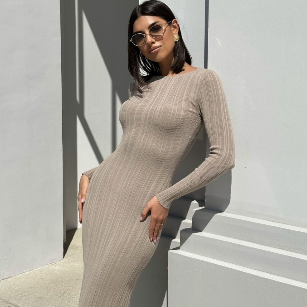 Solid Color Slim Long Sleeve Knitted Long Dress