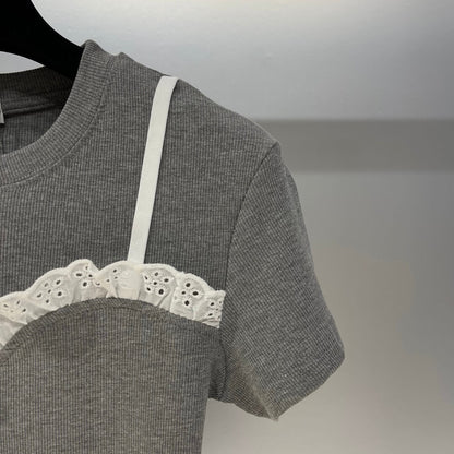 Lace Patchwork Short Sleeve & Skirt Set