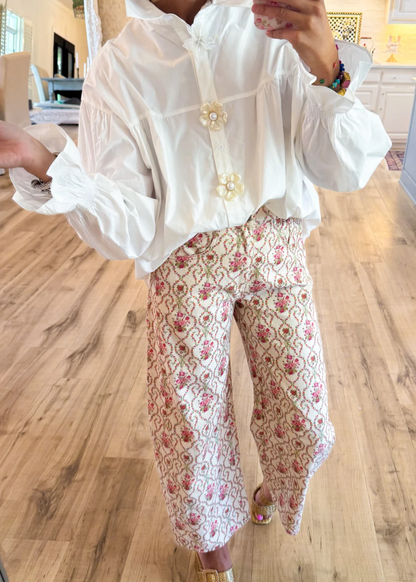 Pink and Orange Floral Printed Barrel Jeans