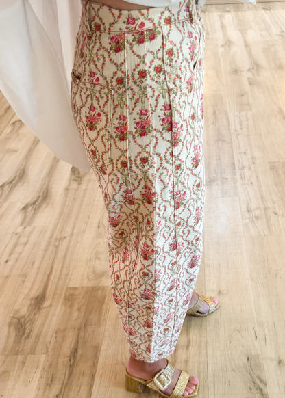 Pink and Orange Floral Printed Barrel Jeans
