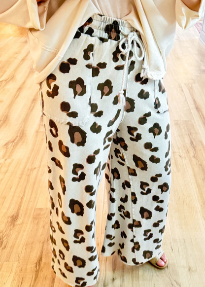Stone Grey Cheetah Print Mineral Washed Wide Leg Pants