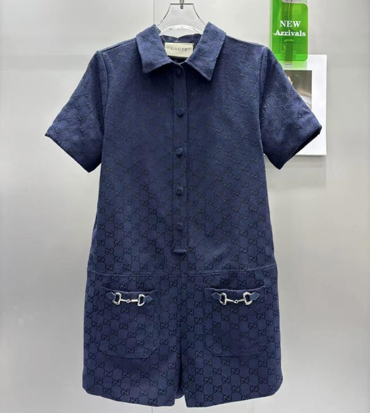 Turn-Down Collar Monogram Jacquard Jumpsuit