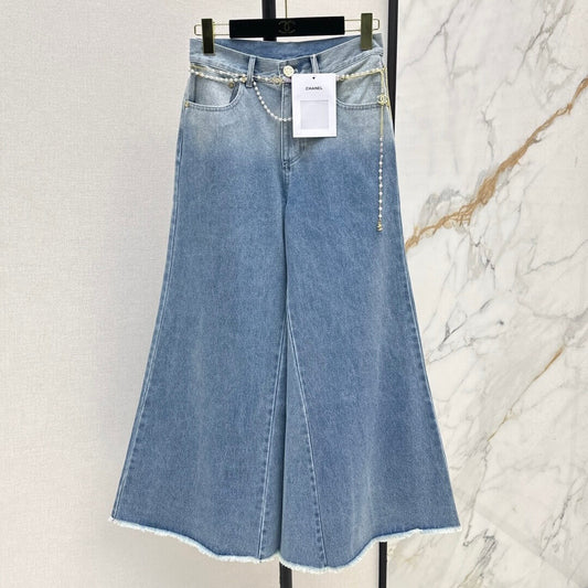 Trendy Metal-Chain Flared Wide-Leg Jeans