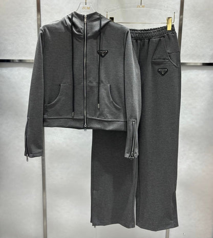 Simple Daily Zipper Sweatshirt Wide Leg Pants Suit