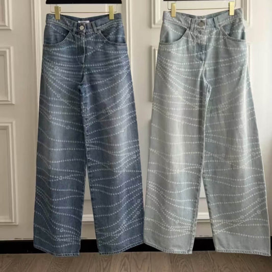 Popular Pearl Print Denim Pants