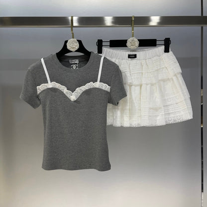 Lace Patchwork Short Sleeve & Skirt Set