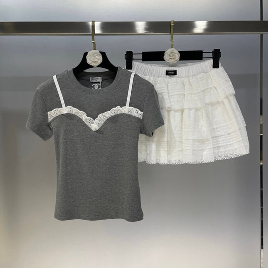 Lace Patchwork Short Sleeve & Skirt Set