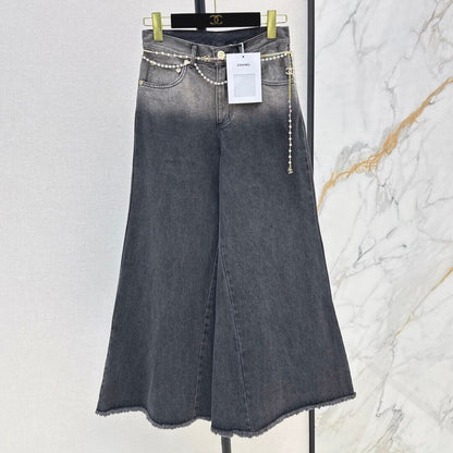 Trendy Metal-Chain Flared Wide-Leg Jeans