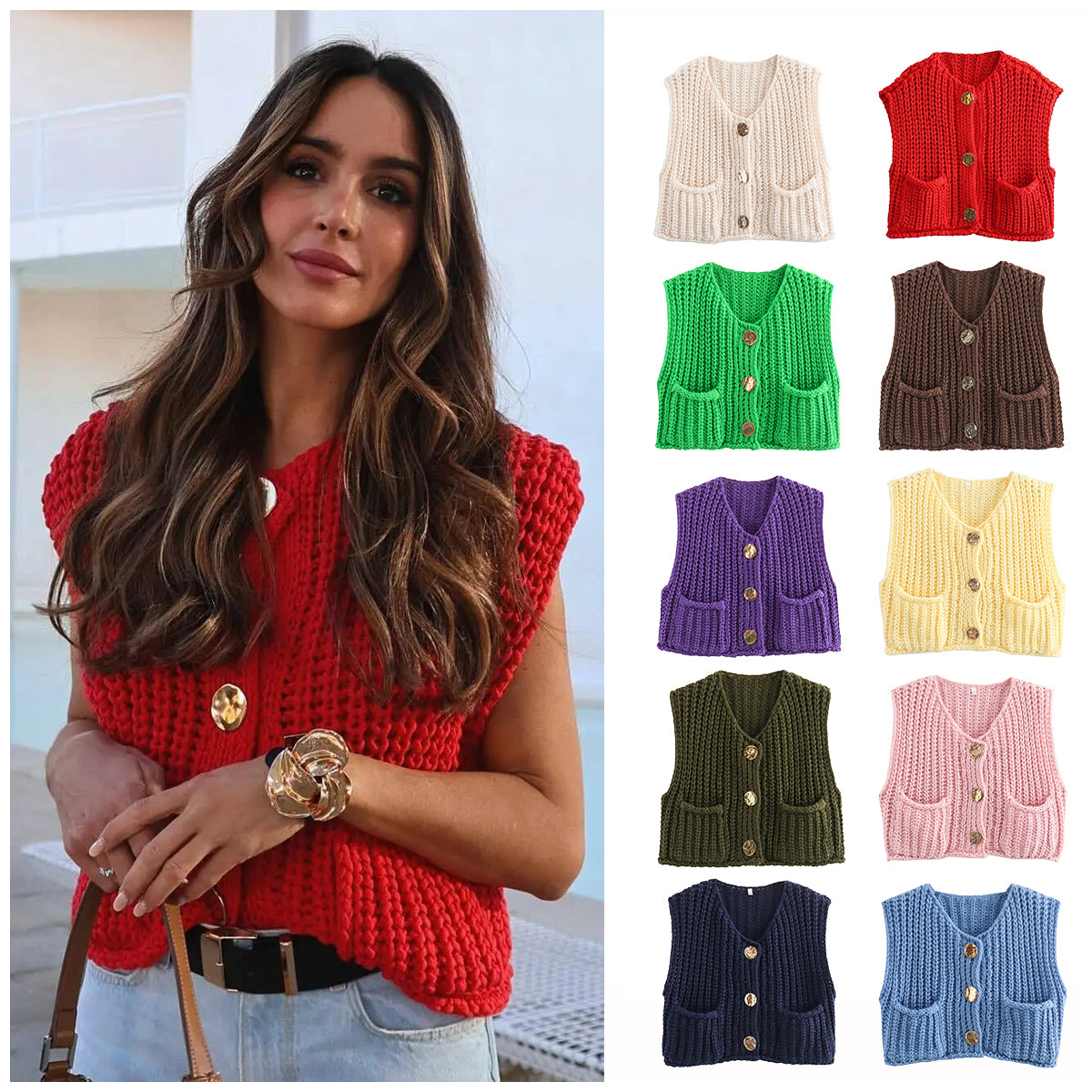 Pocket Sleeveless Short Knit Cardigan