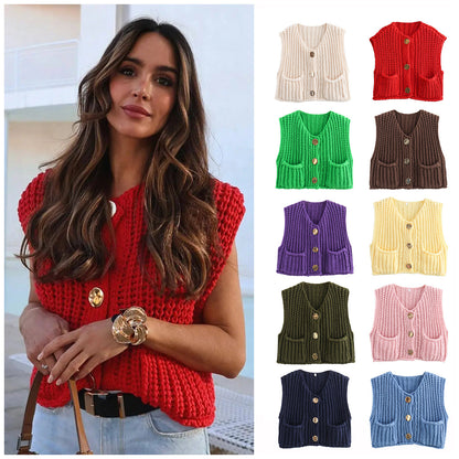 Pocket Sleeveless Short Knit Cardigan