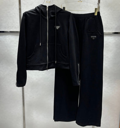 Simple Daily Zipper Sweatshirt Wide Leg Pants Suit