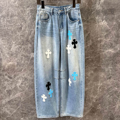 Cross Leather-Patch Washed Denim Jeans