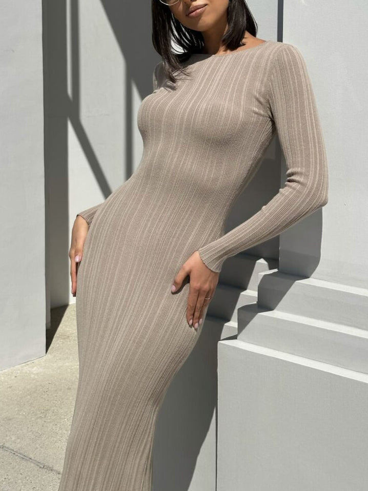 Solid Color Slim Long Sleeve Knitted Long Dress