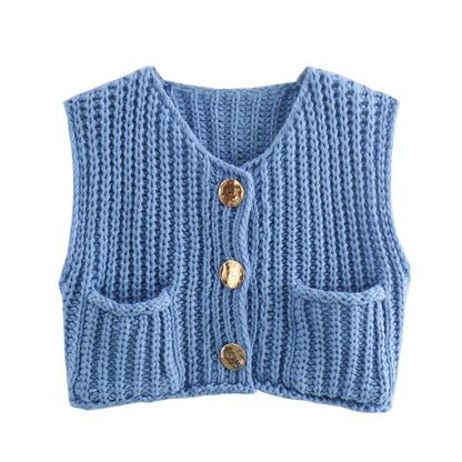 Pocket Sleeveless Short Knit Cardigan