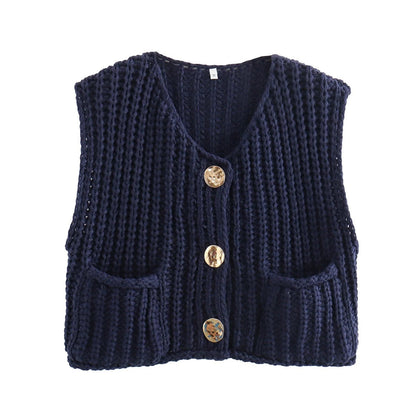Pocket Sleeveless Short Knit Cardigan