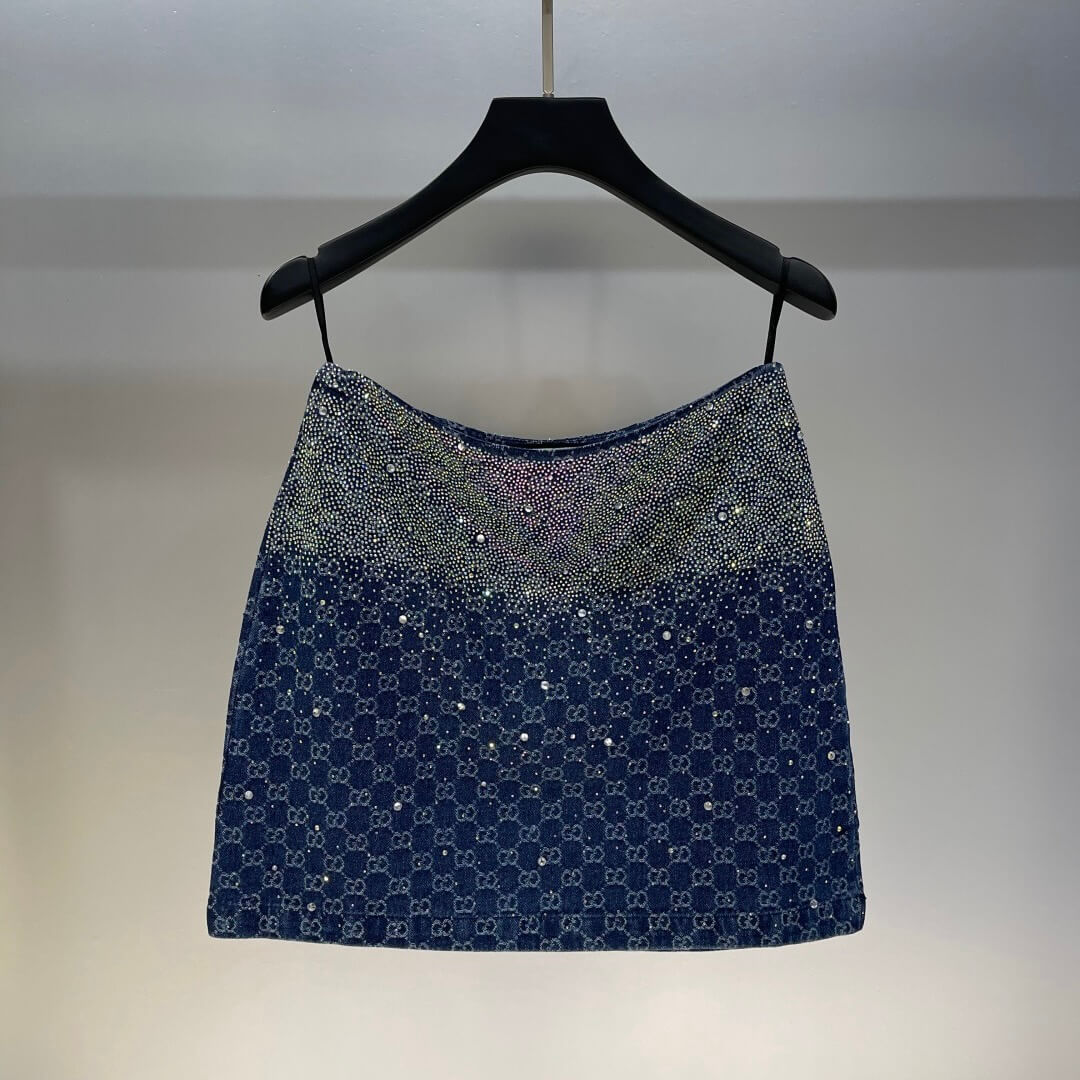 Diamond-Encrusted Denim Pocket T-Shirt & Full-Diamond Denim Skirt Set