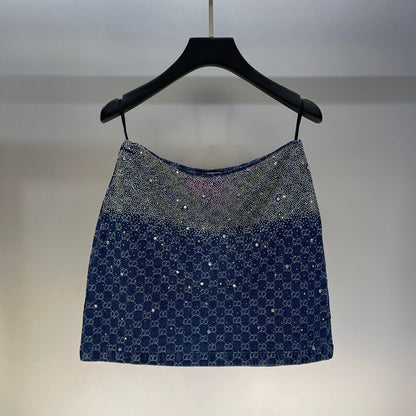 Diamond-Encrusted Denim Pocket T-Shirt & Full-Diamond Denim Skirt Set