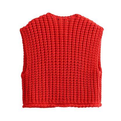 Pocket Sleeveless Short Knit Cardigan