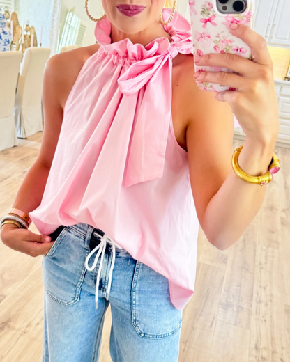 Ruffle Neck Tie Sleeveless Top