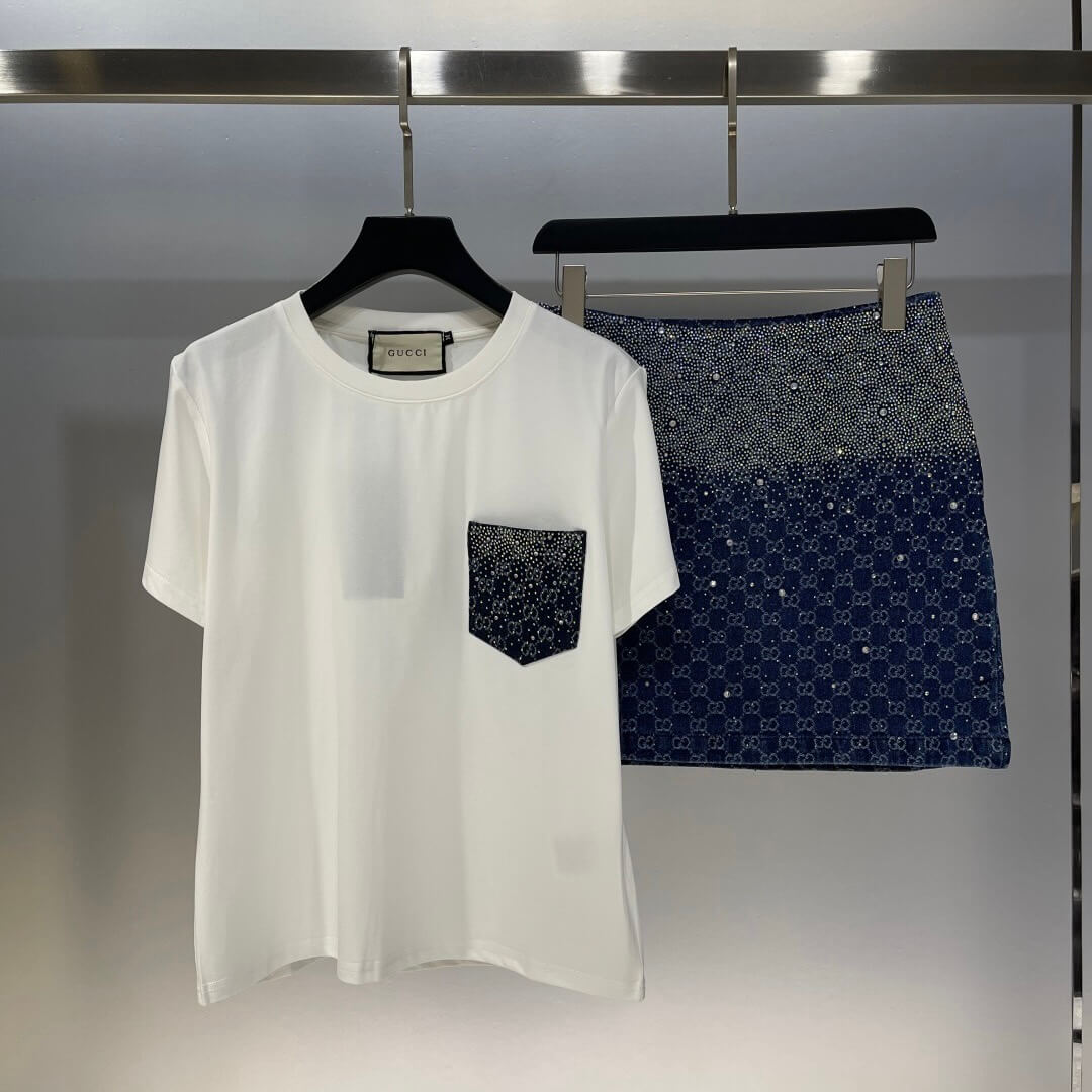 Diamond-Encrusted Denim Pocket T-Shirt & Full-Diamond Denim Skirt Set