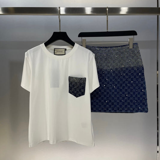 Diamond-Encrusted Denim Pocket T-Shirt & Full-Diamond Denim Skirt Set